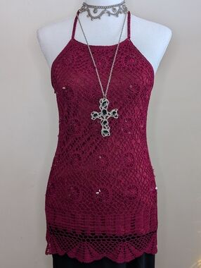 Whimsygoth Burgundy Crochet Halter Tank With Sequins